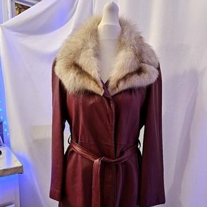 Vintage Plum Burgundy Belted Leather Jacket with Faux Fur Collar